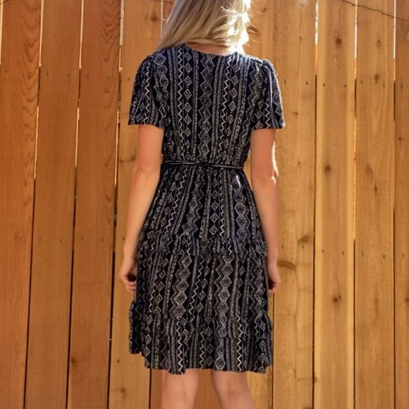 Geometric Navy Blue, White & Gold Mid Length Flowy Ruffle Dress - Picture 2 of 3